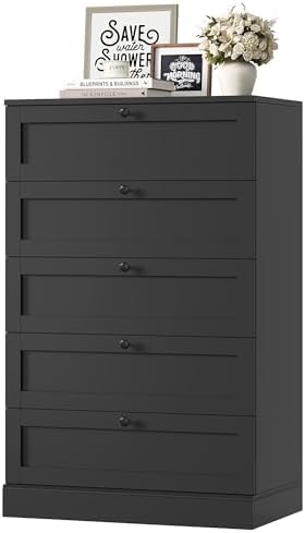 HOSTACK 5 Drawer Dresser for Bedroom, 43.7" Tall Dresser & Chest of Drawers, 29" W Drawer Chest with Metal Handles, Wood Vertical Storage Cabinet for Living Room, Hallway, Entryway, Black