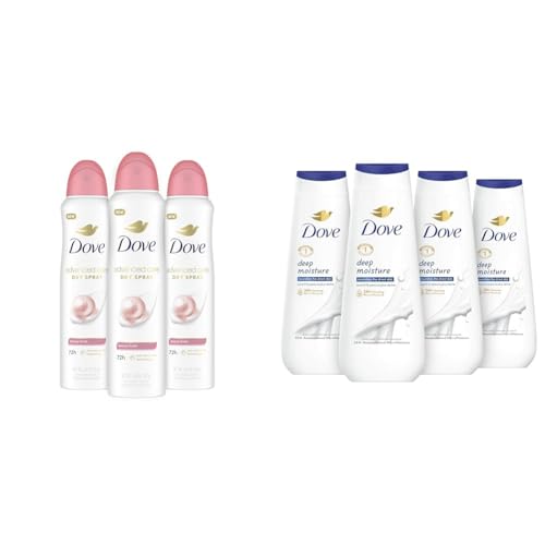 Dove Antiperspirant Deodorant Spray Beauty Finish 3 Count and Body Wash Deep Moisture 4 Count Bundle - 72 Hour Antiperspirant Protection and 24 Hour Moisturizing Skin Cleanser