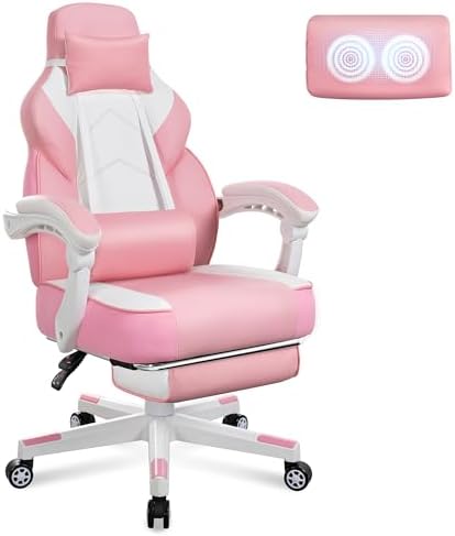 Video Game Chair for Adults, Gaming Chair with Footrest, Big and Tall Computer Chair with Massage Lumbar Support 330lbs Weight Capacity, Adjustable Height, 360° Swivel Seat and Headrest (Pink)