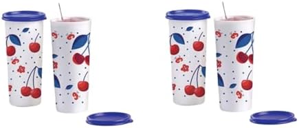 Tupperware Straight 16oz Stacking Cherry Tumbler Flat Blue Seal Set of 4, Large