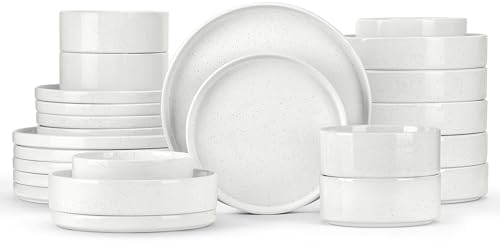 Herogo 24 Piece Dinnerware Sets with Pasta Bowls for 6, Dinner Salad Plates and Cereal Serving Bowls, Stoneware Dishes Dinner Ware for Kitchen Dining, Dishwasher & Microwave Safe, Speckled White