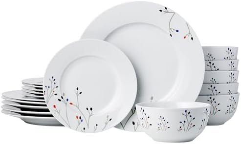 Amazon Basics Dinnerware Set, Microwave and Dishwasher Safe, Service for 6, 18-Piece Complete Kitchen, Plates, Dishes, Bowls, Branches