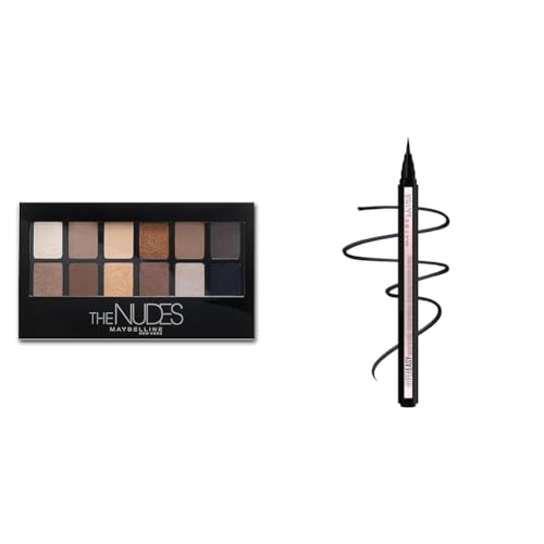 MAYBELLINE 12 Shade Nudes Eyeshadow Palette and No-Skip Liquid Eyeliner Pen Makeup Bundle