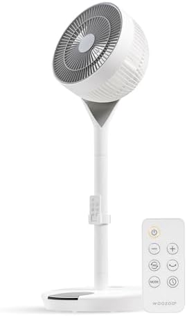 IRIS USA WOOZOO, Pedestal Standing Fan with Remote, 360 Oscillating, 12 Speeds, Low Noise DC Motor, 8h Timer, Touch Panel, Height Adjustable, White/Gray