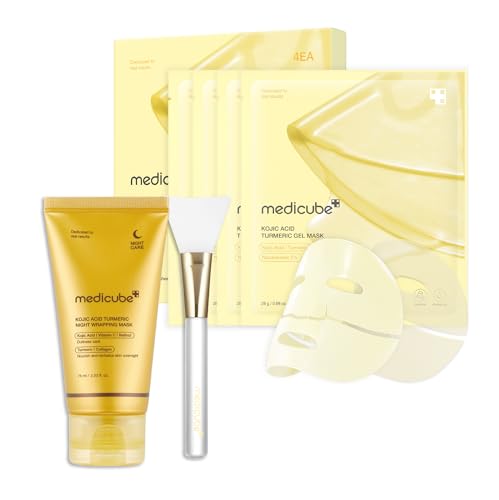 medicube All-Day Care for Deep Hydration & Skin Revival: Turmeric Overnight Wrapping Peel Off Mask and Kojic Acid Turmeric Brightening Gold Jelly Gel Mask and Jelly Brush