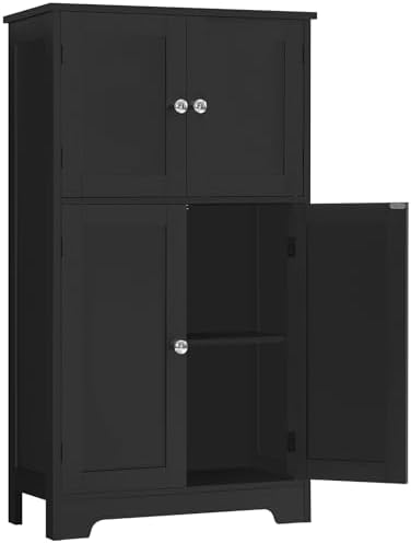 TEENFON Black Storage Cabinet with 2 Adjustable Shelves & 4 Doors, Freestanding Bathroom Storage Cabinet, Cupboard, Floor Cabinets for Living Room, Entryway, Home Office