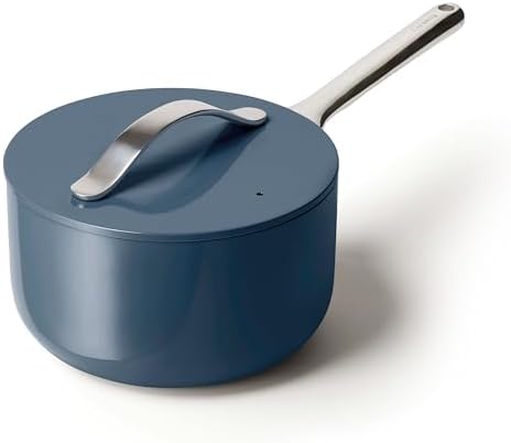 Caraway Nonstick Ceramic Sauce Pan with Lid (3 qt) - Non Toxic, PTFE & PFOA Free - Oven Safe & Compatible with All Stovetops (Gas, Electric & Induction) - Navy