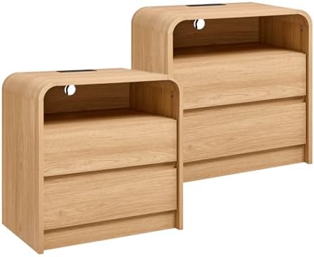 25" Tall Modern Nightstand Set of 2, 23.6'' Wide Wood Bedside Table w/2 Storage Drawers, Charging Station, Mid Century End Table for Bedroom, Living Room,Curved Profile Design, Natural Oak