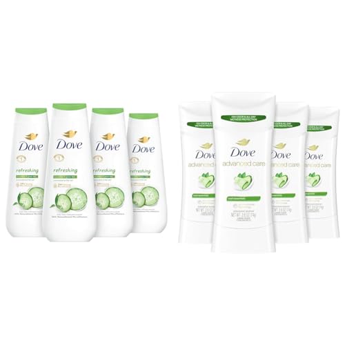 Dove Body Wash Refreshing Cucumber and Green Tea 20 oz (Pack of 4) Advanced Care Antiperspirant Deodorant Stick Cool Essentials 4 ct