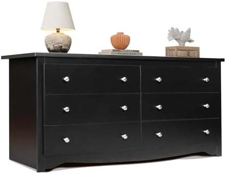 WLIVE Black Dresser with 6 Drawer, 59" Wide Chest of Drawers for Bedroom, Wood Long Nightstand with Drawers, Modern Large Storage Tower Unit, Closet Store Organizer for Living Room