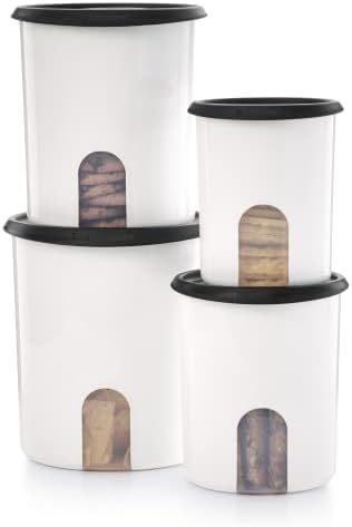 Tupperware Brand 8-Piece One Touch Reminder Canister Set (4 Dry Food Storage Containers + 4 Lids) - Black - Airtight, Dishwasher Safe & BPA Free