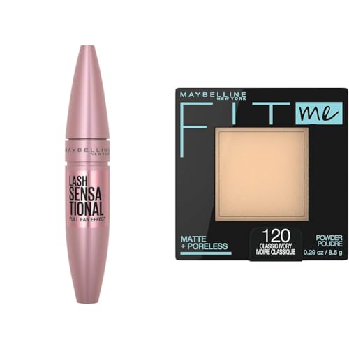 Maybelline Lash Sensational Mascara and Fit Me Pressed Powder Makeup Bundle, 1 Count Each