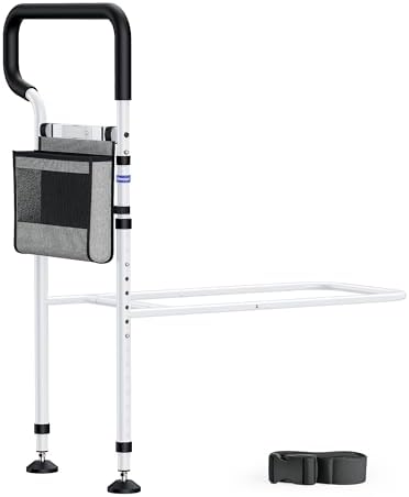 C3 Pro Bed Rails for Elderly Adults Safety with Extension Legs, Direct Uneven Ground, Adjustable Heights Bed Cane with Non-Slip Ergonomic Handle, Motion Light Avoid Seniors Bedside Fall, White