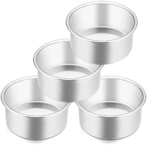 E-far 4 Inch Small Cake Pan Set of 4, Stainless Steel Mini Round Smash Cake Baking Pans, Non-Toxic & Healthy, Mirror Finish & Dishwasher Safe