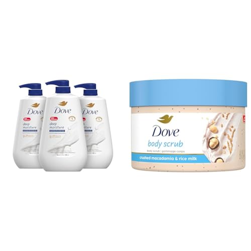Dove Body Wash Deep Moisture with Pump For Dry Skin Moisturizing 30.6 Fl Oz Pack of 3 Bundle Scrub Macadamia & Rice Milk Body 10.5 oz