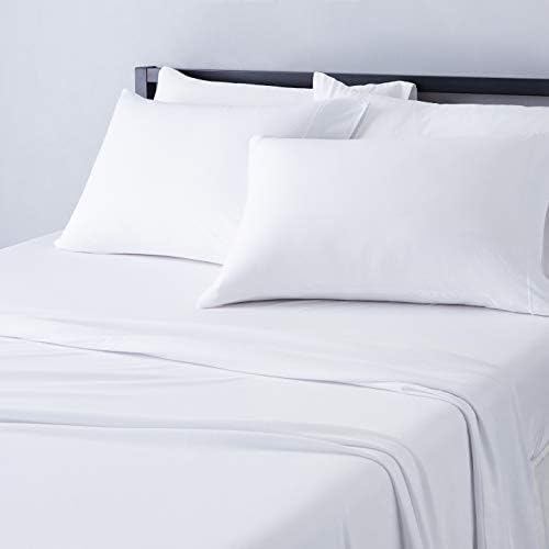 Amazon Basics 4 Piece Bed Sheet Set, 100% Cotton Jersey, Includes Super Soft, Flat and Fitted Sheets, Pillowcase, Full, White, Solid