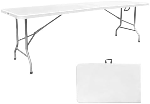 8 Foot Folding Table 8ft Foldable Portable Plastic Picnic Tables with Handle, Fold in Half Heavy Duty Long Large Utility Table, Indoor Outdoor 8' Fold up Card Tables for Party, Dining, White