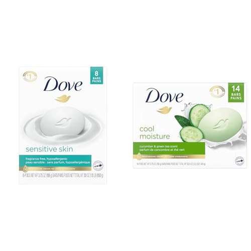 Dove Beauty Bar More Moisturizing Than Bar Soap for Softer Skin, Fragrance Free & Skin Care Beauty Bar For Softer Skin Cucumber and Green Tea More Moisturizing Than Bar Soap