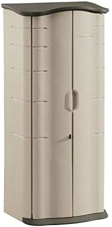 Rubbermaid Compact Vertical Resin Storage Shed With Floor (2 x 2.5 Ft), Weather Resistant, Beige/Brown, Organization for Home/Backyard/Garden Tools/Porch/Patio Cushions/Pool Chemicals/Toys