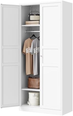 Letaya Wardrobe Armoire Closet,72" H Metal Storage Cabinet with Adjustable Shelves and Hanging Rod,Bedroom Armoire Cabinet Clothes Organizer (White)