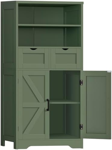TEENFON Bathroom Cabinet with Adjustable Shelf & 2 Drawers, Farmhouse Storage Cabinet with 2 Doors, Kitchen Storage Cabinets for Living Room, Entryway, Home Office, Forest Green