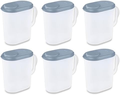 Sterilite 6 Pack Plastic 1 Gallon Lidded Pitcher with Clear Base and Handle, Washed Blue