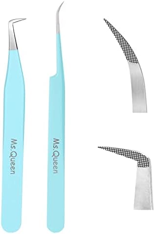 Ms.Queen Eyelash Extension Tweezers Set - Fiber Tip Isolation & 90 Degree Mega Volume Tweezers, Blue