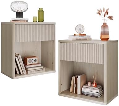 WLIVE Night Stand Set of 2, Wood Nightstand Sets with Storage Drawer and Open Shelf, Fluted Bedroom Nighstands, Mid Century Bed Side Table, End Tables Living Room, Dorm, Home Office, White Alder
