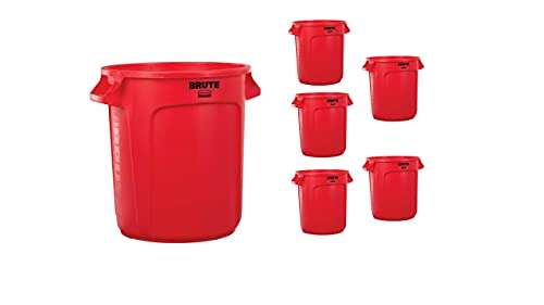 Rubbermaid Commercial Products BRUTE Heavy-Duty Round Trash/Garbage Can, 10-Gallon, Red, Outdoor Waste Container for Landscapers/Construction/Restaurants/Back of House/Offices/Warehouses, Pack of 6