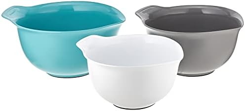 KitchenAid Universal Nesting Plastic Mixing Bowls, Set Of 3, 2.5 quart, 3.5 quart, 4.5 quart, Non Slip Base with Easy Pour Spout to Reduce Mess, Dishwasher Safe, Aqua Sky, White, Gray