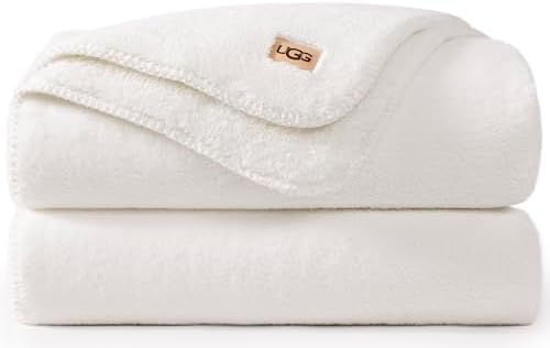 UGG Whitecap Plush Throw Blanket Fleece Lightweight Soft Cozy Throw for Couch or Bed Luxury Home Decor for Living Room Washable Hypoallergenic Blankets for Dorm Decor, 50-inch x 70-inch, White Snow