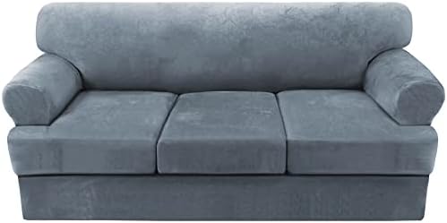 H.VERSAILTEX Sofa Cover 4 Piece T Cushion Sofa Slipcovers Thick Velvet Couch Cover Furniture Protector Stretch Sofa Covers for 3 Cushion Couch with 3 Individual Covers Washable, Stone Blue