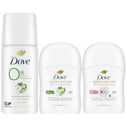 Dove Travel Deodorant for Women Variety 3-Pack β Advanced Care Invisible, Cool Essentials Mini, Cucumber & Green Tea Spray