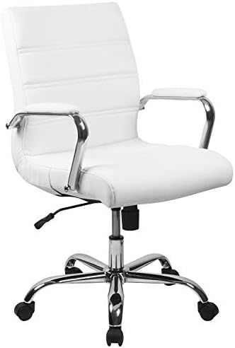 Flash Furniture Whitney Mid-Back Swivel LeatherSoft Desk Chair with Padded Seat and Armrests, Adjustable Height Padded Office Chair, White/Chrome