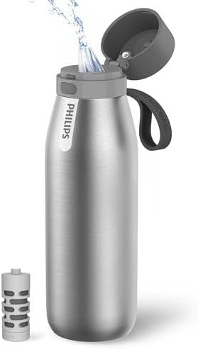 Philips Water GoZero Everyday Insulated Stainless Steel Water Bottle with Philips Everyday Tap Water Filter BPA Free Transform Tap Water into Healthy Tastier Water Keep Drink Hot/Cold, 18.6 oz/32 oz