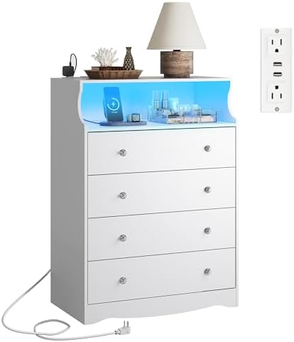 WLIVE White LED Dresser for Bedroom, Tall Wood Dresser with 4 Drawers and Open Shelf, Chest of Drawers with Charging Station and LED Lights for Living Room, Hallway, Closet