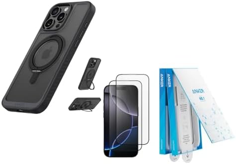 Anker Screen Protector, Bubble-and-Dust-Free iPhone HD Tempered Glass, Durable and Drop-Proof with 9H Hardness Ultra Magnetic for iPhone 16 Pro Case with Sturdy 360° Ring Stand