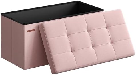 SONGMICS Mazie Collection - 30 Inches Folding Storage Ottoman Bench, Ottoman Foot Rest, End of Bed Bench, Storage Chest, Load 660 lb, for Living Room, Bedroom, Entryway, Jelly Pink ULSF047R11