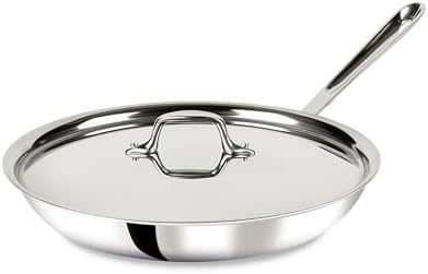 All-Clad D3 12" Stainless Steel Frying pan W/Lid, 3-Ply Stainless Steel Pan, Induction, Oven Broiler Safe 600F Skillet, Professional Cookware, Silver