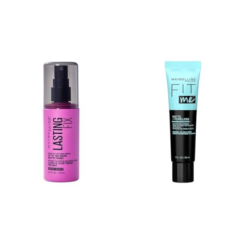 Maybelline New York Facestudio Lasting Fix Makeup Setting Spray, 3.4 fl. oz. and Fit Me Matte + Poreless Mattifying Face Primer Makeup With Sunscreen, SPF 20, 1 Count