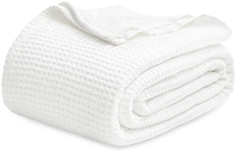 Bedsure 100% Cotton Blanket Queen Size for Bed - Breathable and Soft, Waffle Weave Blanket for Summer Spring, White, 90x90 Inches