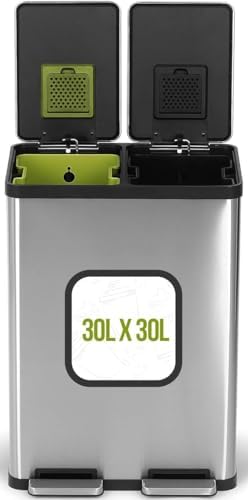 SIMPLI-MAGIC 16 Gallon (60L) Dual Compartment Step Trash Can – Kitchen Garbage Can with Waste & Recycling Bins – Slow-Close Lid, Odor Control, Hands-Free, Inner Bases, Premium Stainless Steel