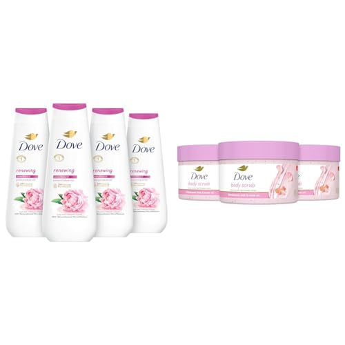 Dove Body Wash 4 Count Renewing Peony and Rose Oil and Body Scrub 3 Count Himalayan Salt & Rose Oil