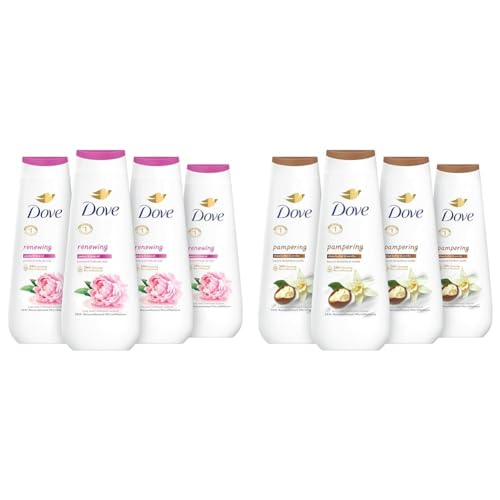 Dove Body Wash Renewing Peony and Rose Oil 4 Count for Renewed & Body Wash Pampering Shea Butter & Vanilla 4 Count for Renewed