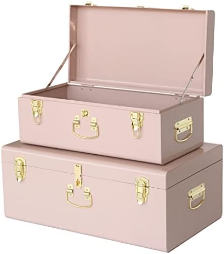 Vixdonos Decorative Metal Box Storage Trunks Set of 2 College Dorm Chest with Handle (Pink)