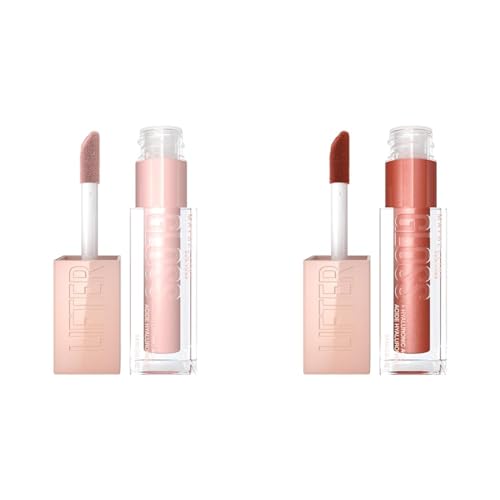 MAYBELLINE Lifter Gloss Hydrating Lip Gloss Bundle with Hyaluronic Acid, Ice Pink Neutral 0.18 oz & Topaz Terracotta Neutral 0.18 oz