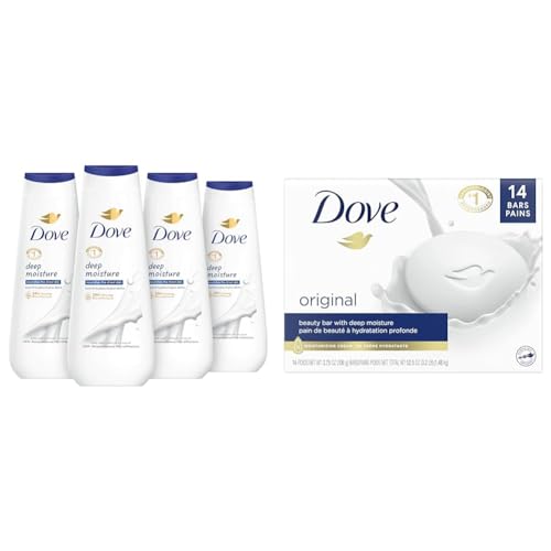 Dove Body Wash Deep Moisture 4 Count For Dry Skin Moisturizing Skin Cleanser & Beauty Bar Cleanser for Gentle Soft Skin Care Original Made With 1/4 Moisturizing Cream 3.75 oz