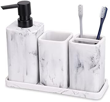 ZCCZ Bathroom Accessory Sets, 4 Pieces Bathroom Accessories Complete Set Vanity Countertop Accessory Set with Marble Look, Includes Lotion Dispenser Soap Pump, Tumbler, Toothbrush Holder and Tray