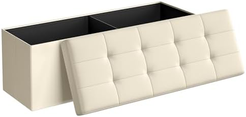SONGMICS MAZIE Collection - 43 Inches Folding Storage Ottoman Bench, Ottoman Foot Rest, End of Bed Bench, Storage Chest, Load 660 lb, for Living Room, Bedroom, Entryway, Cream White ULSF77BE