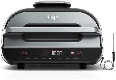 Ninja Indoor Grill, Foodi Smart XL 6-in-1 Indoor Grill with Air Fry, Roast, Bake, Broil & Dehydrate, Smart Thermometer, Black/Silver, FG551
